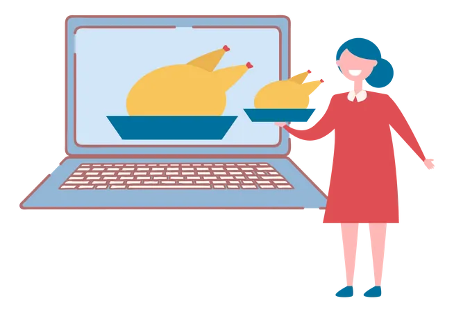 Young girl learning cooking online  Illustration