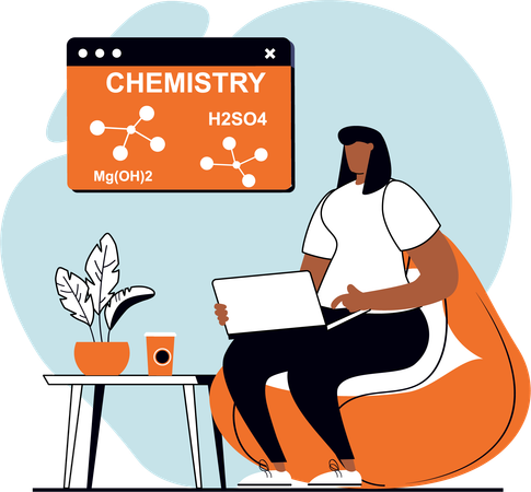 Young girl learning online chemistry  Illustration