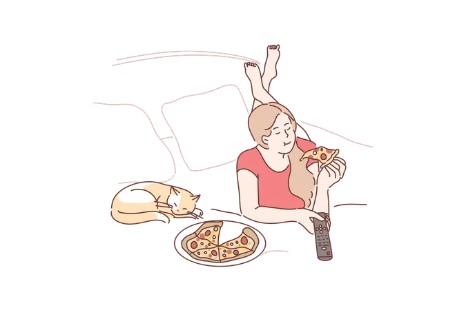 Young girl lies on bed with cat eats pizza and watching television  Illustration