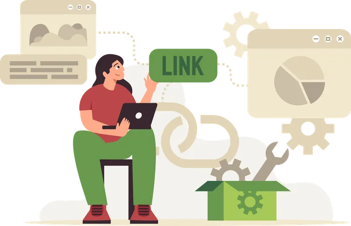 Illustration Link Building Depicting It As A Dynamic Marketplace Where Businesses Strategically Interact With Users To Increase Visibility And Achieve Marketing Goals イラスト