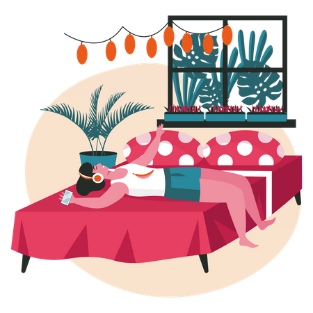 Young girl listening music while lying on bed Illustration