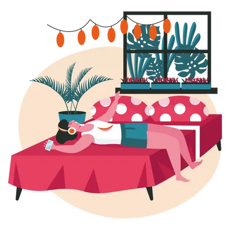 Young girl listening music while lying on bed Illustration