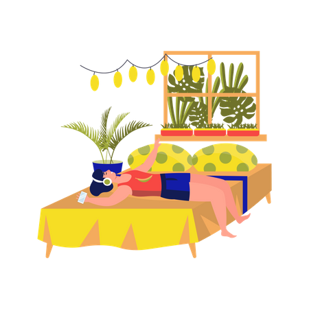 Young girl listening music while lying on bed  Illustration