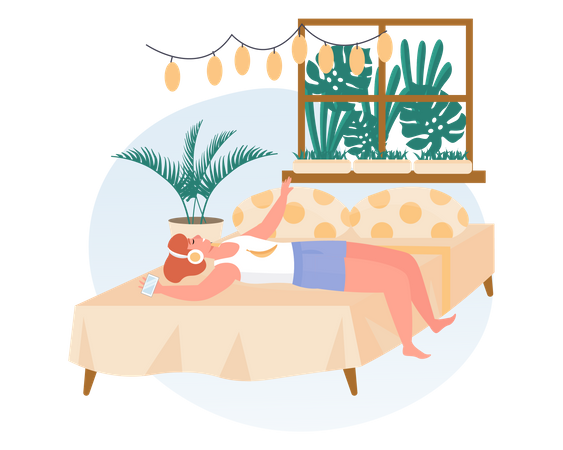 Young girl listening music while lying on bed  Illustration