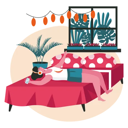 Young girl listening music while lying on bed  Illustration