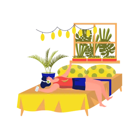 Young girl listening music while lying on bed  Illustration