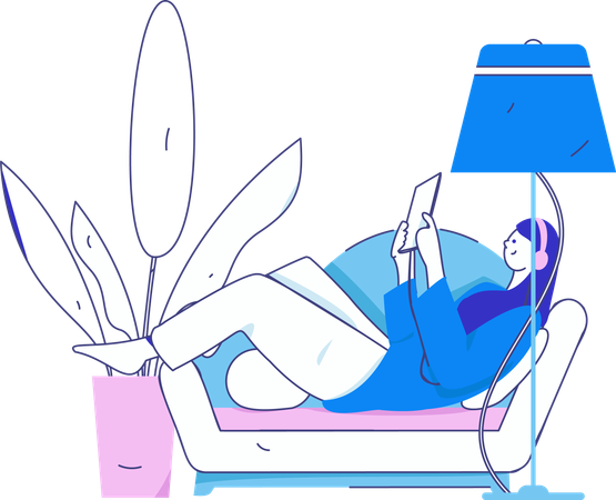 Young girl listening music while reading report  Illustration