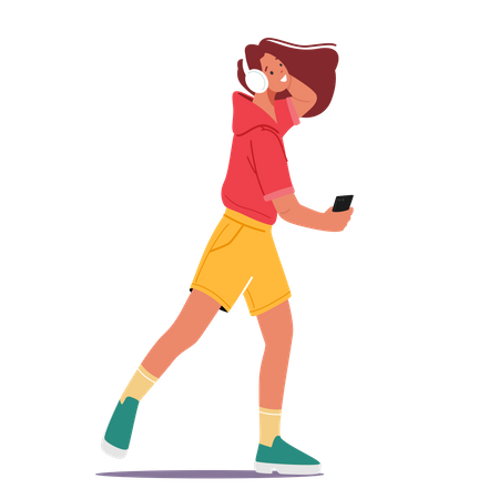 Young Girl Listening To Music While Walking Illustration