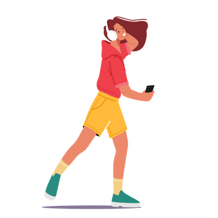 Young Girl Listening To Music While Walking  Illustration