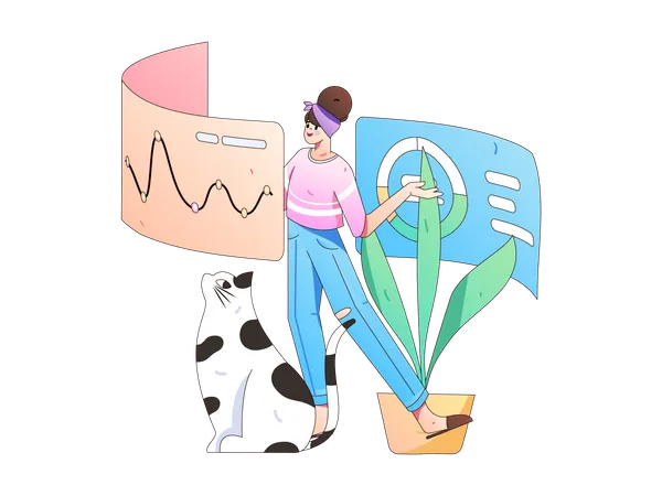 Young girl looking analytic chart in 360 view  Illustration