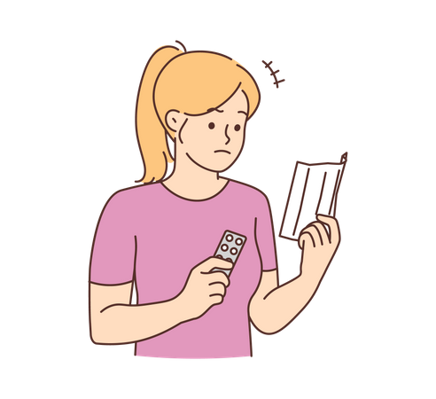 Young girl looking at medicine prescription  Illustration