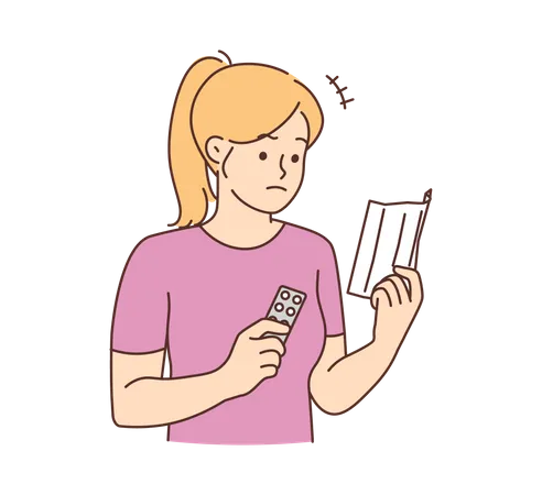 Young girl looking at medicine prescription  Illustration