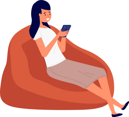 Young girl looking at mobile phone checking social network sitting in armchair  Illustration