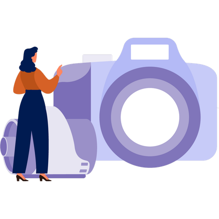 Young girl looking at  photo camera  Illustration