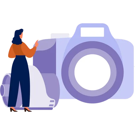 Young girl looking at  photo camera  Illustration