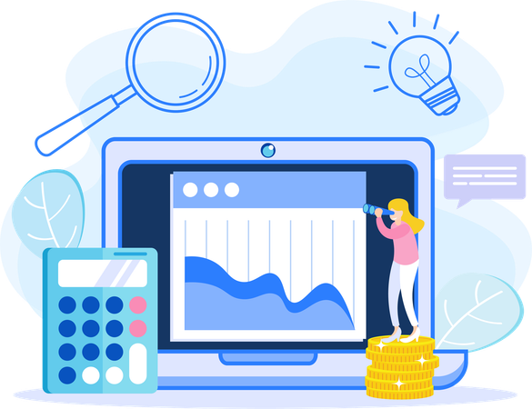 Young girl looking financial analysis using telescope  Illustration