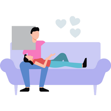 Young girl lying on couch in lap of boy  Illustration