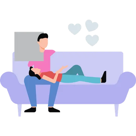 Young girl lying on couch in lap of boy  Illustration