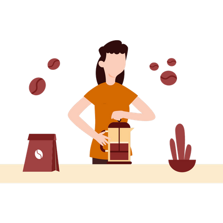 Young girl making coffee in coffee jug  Illustration