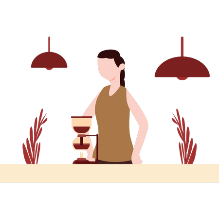 Young girl making coffee on burner  Illustration