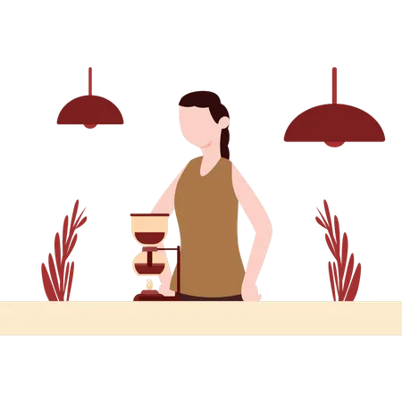 Young girl making coffee on burner  Illustration