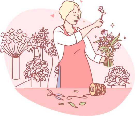 Young girl making flower bouquet  Illustration