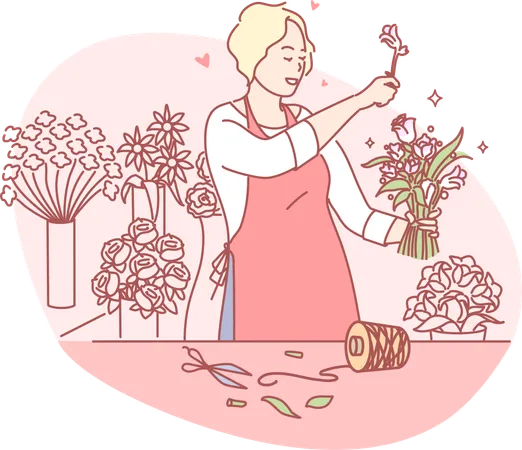 Young girl making flower bouquet  Illustration