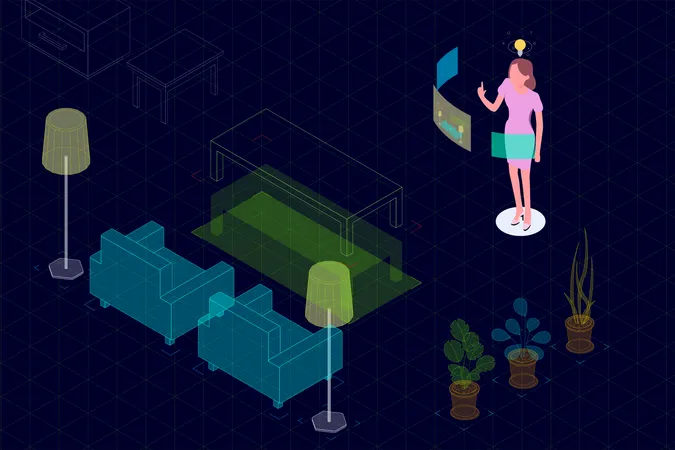 Young girl making virtual designing of living room  Illustration