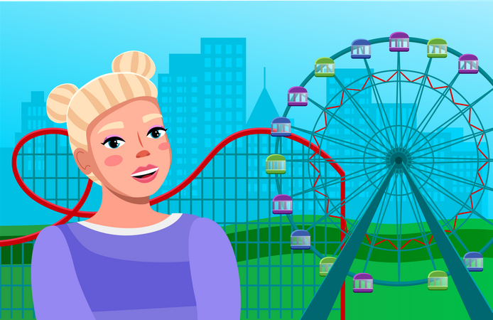 Young girl near ferris wheel with roller coaster ride amid large city buildings  イラスト