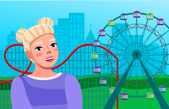 Young girl near ferris wheel with roller coaster ride amid large city buildings  Illustration