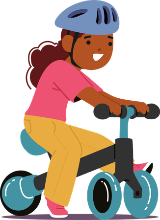 Young Girl On A Blue Push Bike With Pink And Yellow Details. Cartoon Black Child Character Wears A Blue Helmet  Illustration