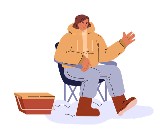 Young girl on folding chair waving her hand  Illustration