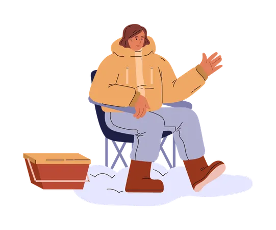 Young girl on folding chair waving her hand  Illustration