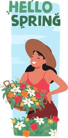 Young Girl On Lush Field and Joyfully Holding Basket With Flowers  Illustration