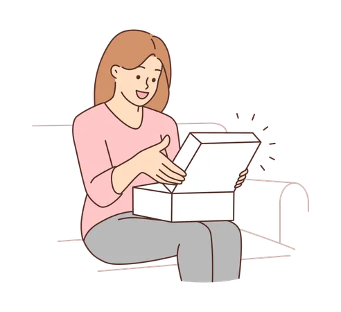 Young girl opening box  Illustration