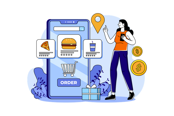 Young Girl Order Food Online  Illustration