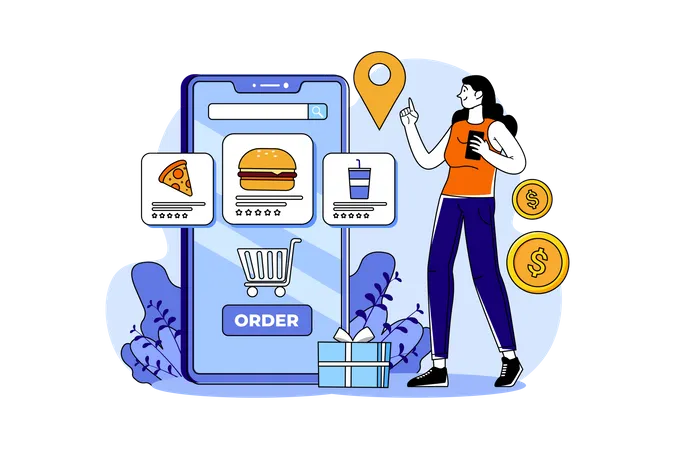 Young Girl Order Food Online  Illustration