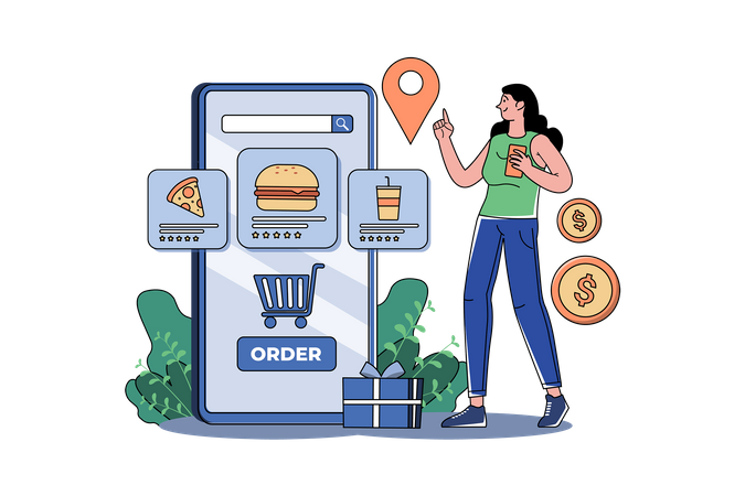 Young Girl Order Food Online  Illustration