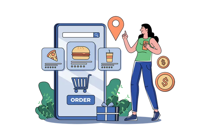 Young Girl Order Food Online  Illustration