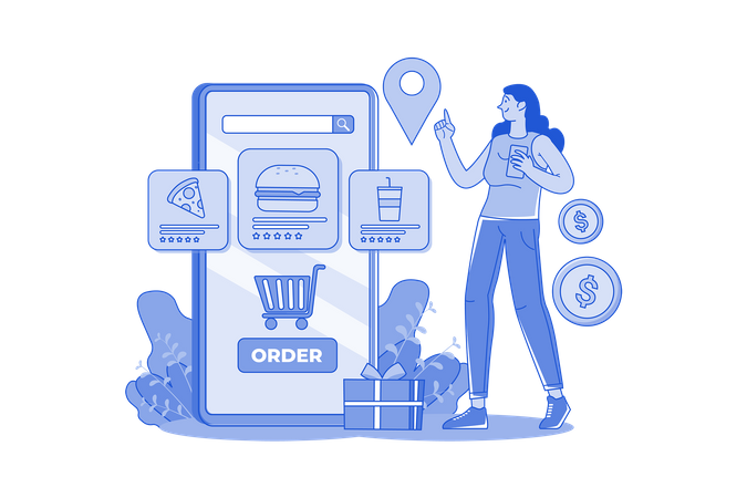 Young Girl Order Food Online  Illustration