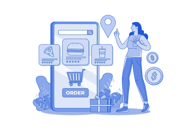 Young Girl Order Food Online  Illustration