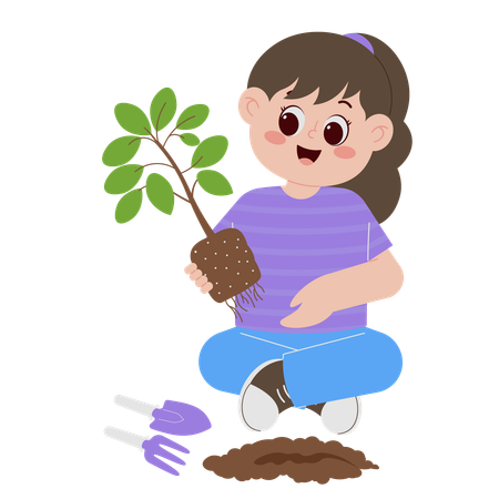 Young Girl Planting Tree  Illustration