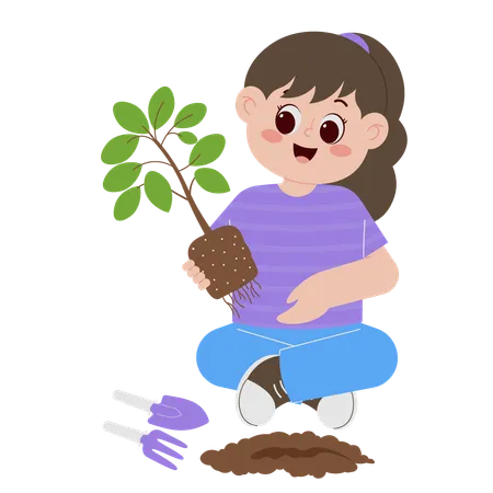 Young Girl Planting Tree  Illustration