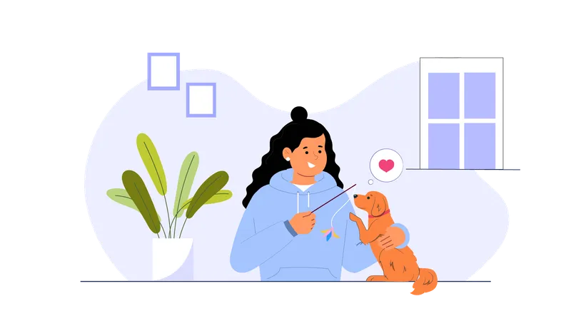 Young girl playing with dog  Illustration