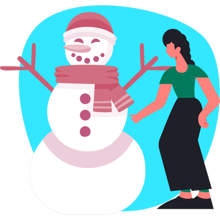 Young girl pointing happy snowman  Illustration