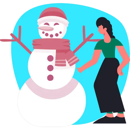 Young girl pointing happy snowman  Illustration