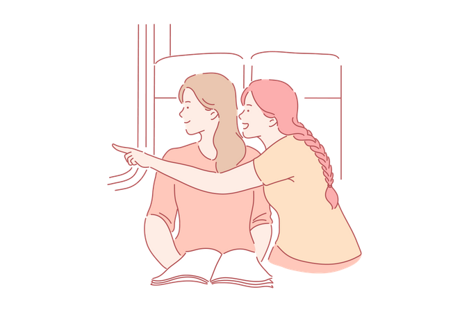 Young girl pointing something from window  Illustration
