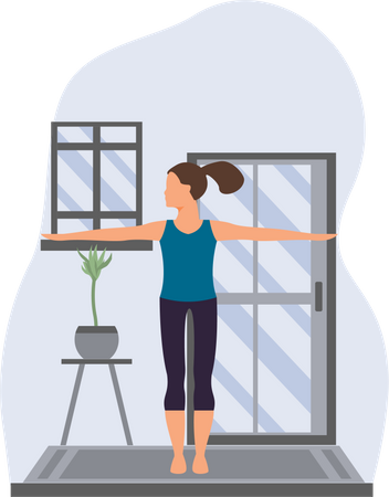 Young Girl Practicing Veerabhadrasana In Home  Illustration