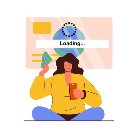 Young girl processing payments while loading  Illustration