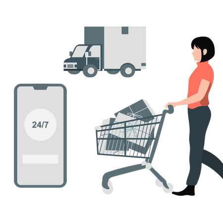 Young Girl pushing shopping trolley  Illustration